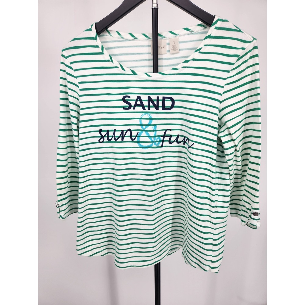 Chicos Zenergy Green White Striped Sand Sun Fun Graphic Top Size 1 Medium